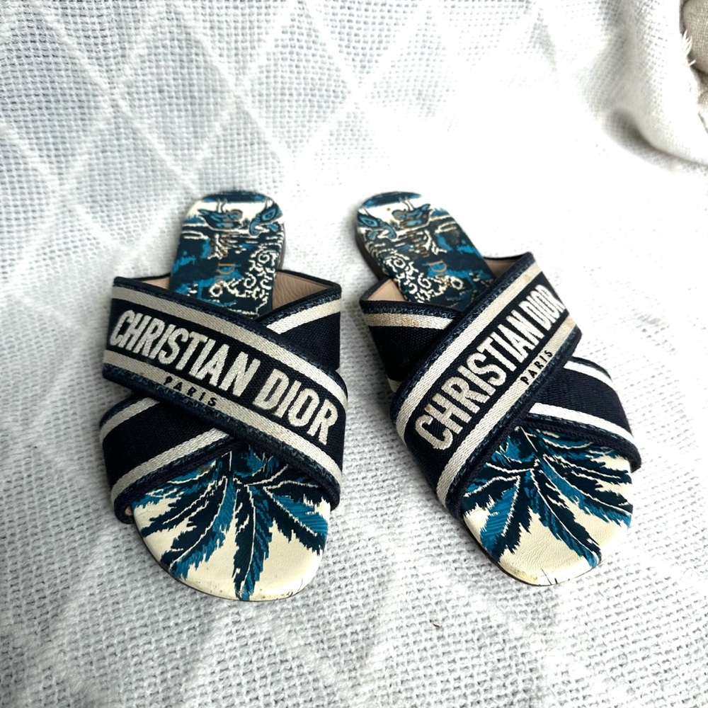 Christian Dior Blue and White Slide Sandals